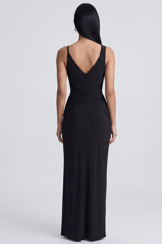 V-Neck Black Ruched Long Sheath Formal Dress with Slit