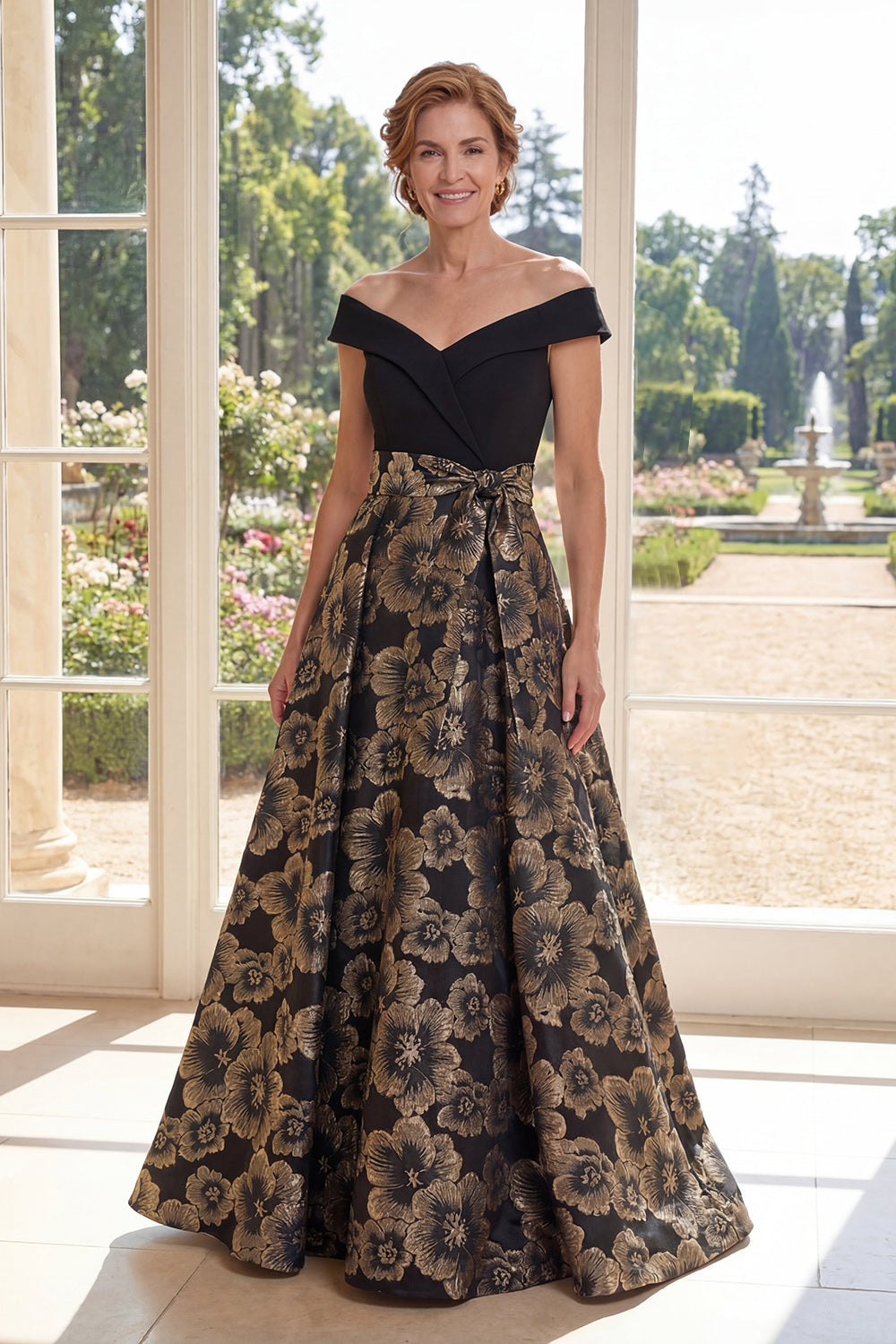 ZAPAKA Women Black Off the Shoulder Mother Of the Bride Dress with Bow A Line Jacquard Long Wedding Guest Dress, Black / US6