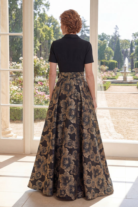 Black Floral Notched Lapel A Line Long Mother of the Bride Dress with Bow