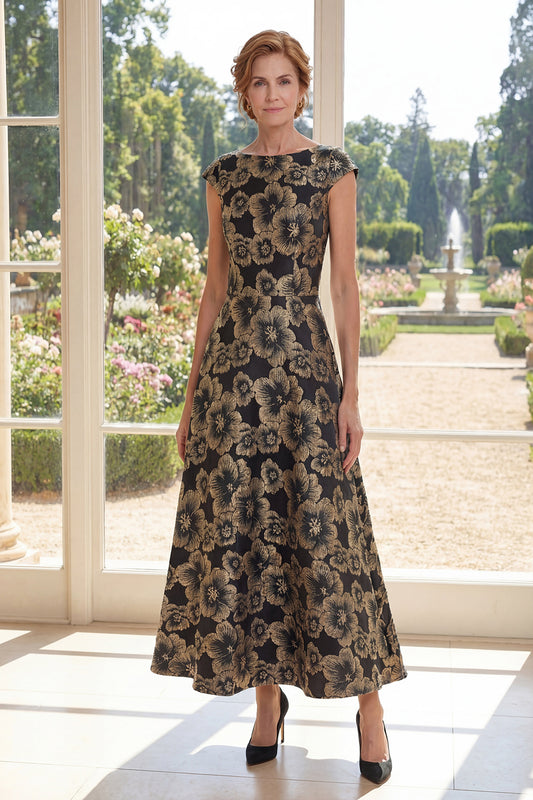 Bateau Neck Black Floral A Line Maxi Mother of the Bride Dress