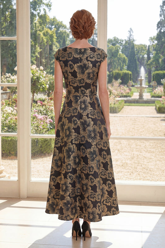 Bateau Neck Black Floral A Line Maxi Mother of the Bride Dress