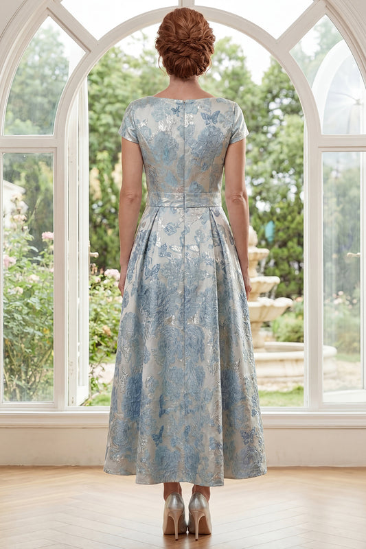 Boat Neck Blue Floral A Line Short Sleeves Maxi Mother of the Bride Dress