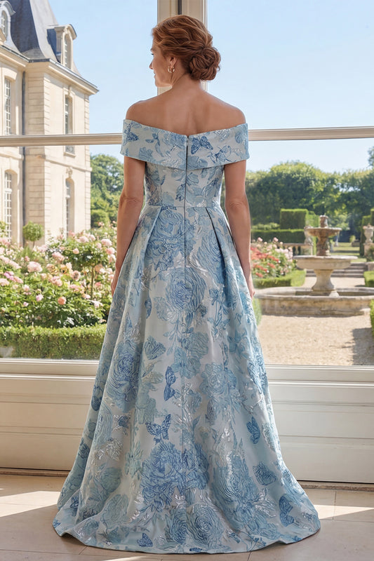 Blue Floral A Line Long Off the Shoulder Mother of the Bride Dress