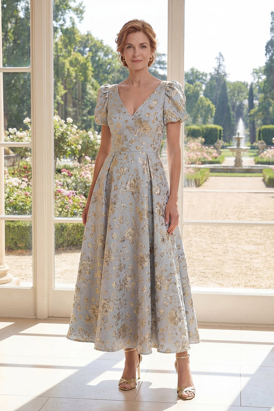 Puff Sleeves Dusty Blue Floral A Line V-Neck Maxi Mother of the Bride Dress