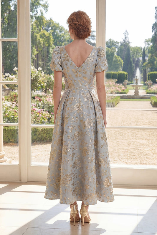 Puff Sleeves Dusty Blue Floral A Line V-Neck Maxi Mother of the Bride Dress