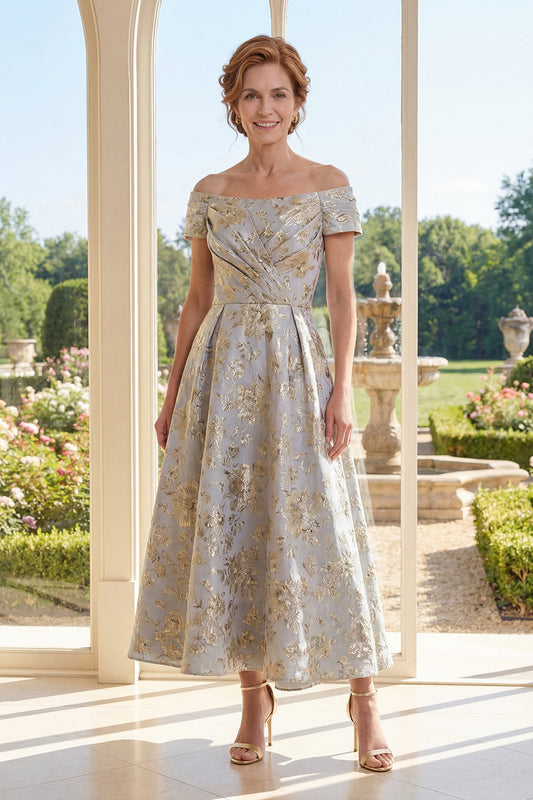 Ruched Dusty Blue Off the Shoulder Floral A Line Maxi Mother of the Bride Dress