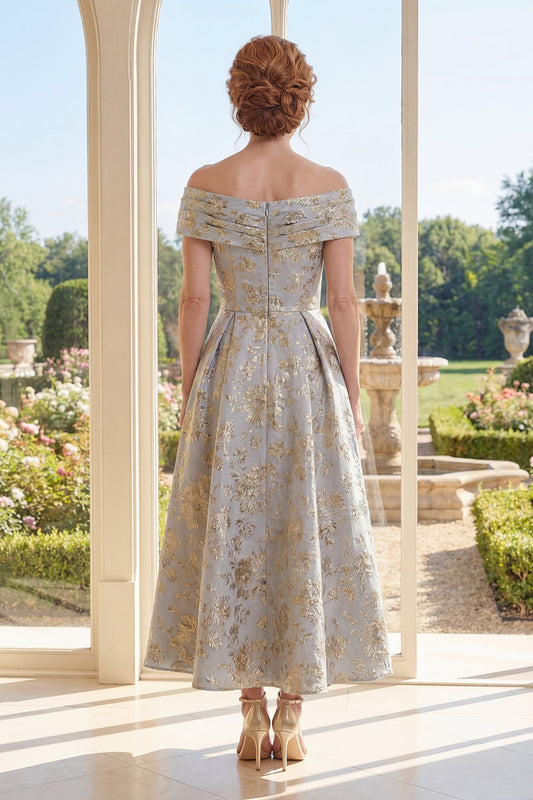 Ruched Dusty Blue Off the Shoulder Floral A Line Maxi Mother of the Bride Dress