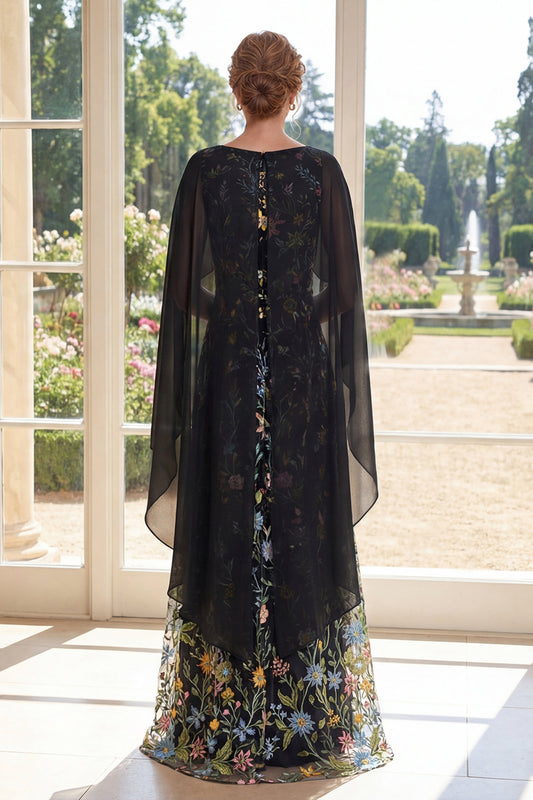 Ruffled A Line Long Boat Neck Black Floral Mother of the Bride Dress with Cape