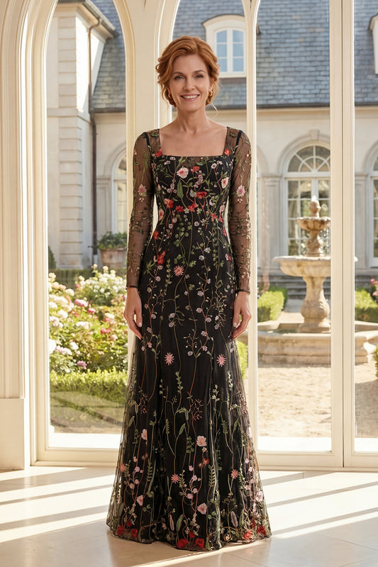 Square Neck Long Sleeves Black Floral Sheath Long Mother of the Bride Dress