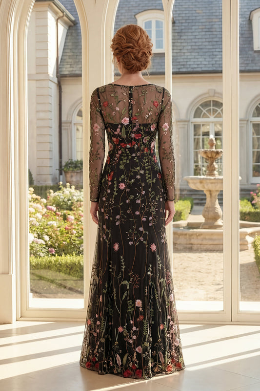 Square Neck Long Sleeves Black Floral Sheath Long Mother of the Bride Dress