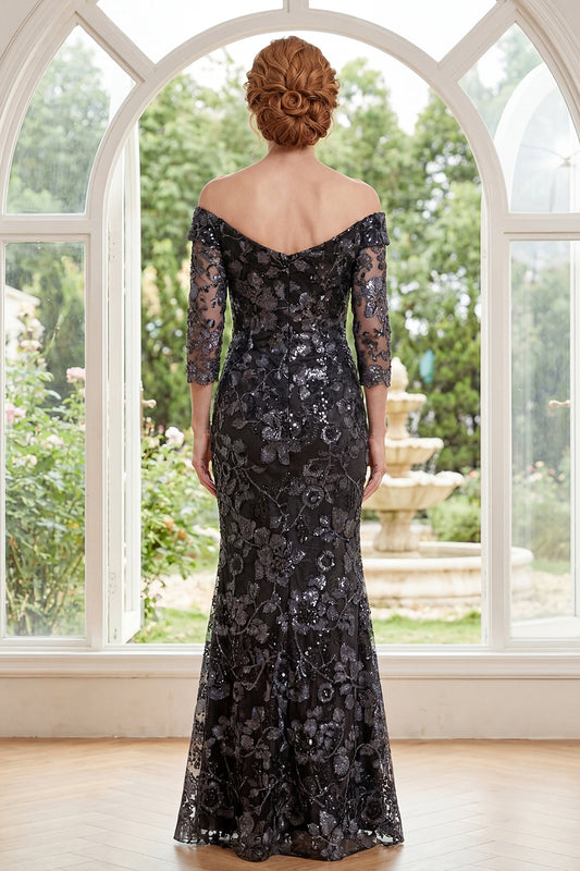 Sparkly Black Floral Mermaid Ruched Long Mother of the Bride Dress