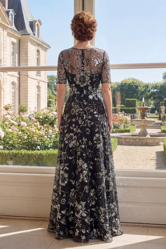 Boat Neck Sparkly Black Floral A Line Long Mother of the Bride Dress