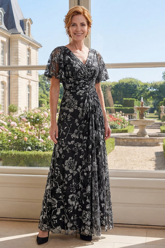 Flutter Sleeves V-Neck Ruched Black Floral A Line Long Mother of the Bride Dress