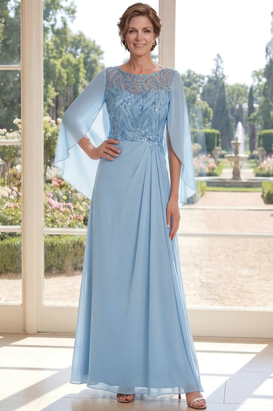 Sparkly Light Blue Boat Neck A Line Long Beaded Mother of the Bride Dress with Cape