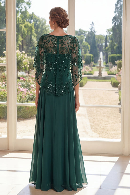 Long Appliqued Sparkly Dark Green Boat Neck A Line Mother of the Bride Dress