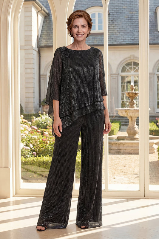 Ruffled Glitter Black 2 Piece Mother of the Bride Pantsuits with Pleats