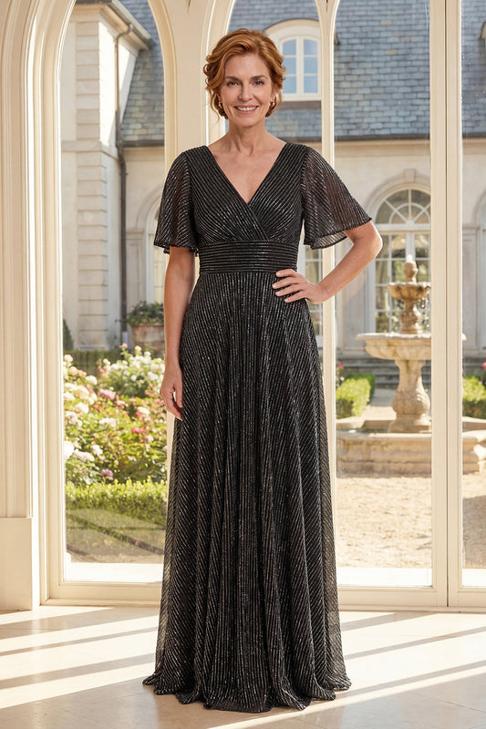 Flutter Sleeves Black A Line Glitter Long Mother of the Bride Dress with Pleats