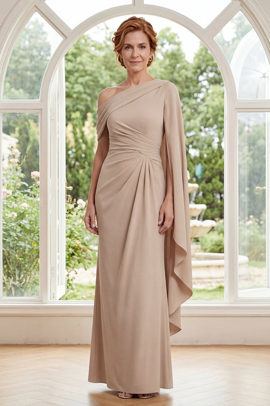 Sheath Ruched Long Champagne Mother of the Bride Dress with Ruffles