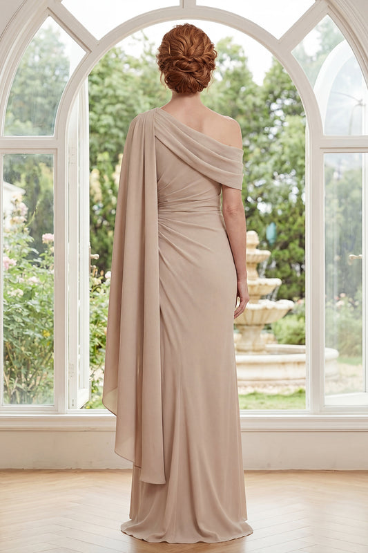 Sheath Ruched Long Champagne Mother of the Bride Dress with Ruffles
