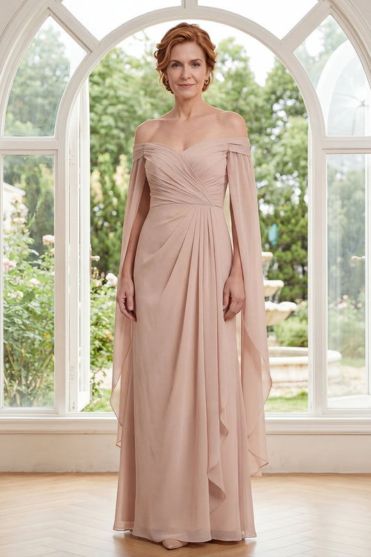 Long Ruffled Champagne Sheath Ruched Mother of the Bride Dress with Cape