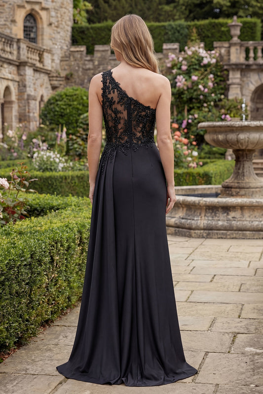 Ruched Appliqued Long Sheath Black Formal Dress with Side Cape