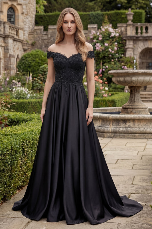 A Line Off the Shoulder Beaded Long Black Formal Dress with Lace