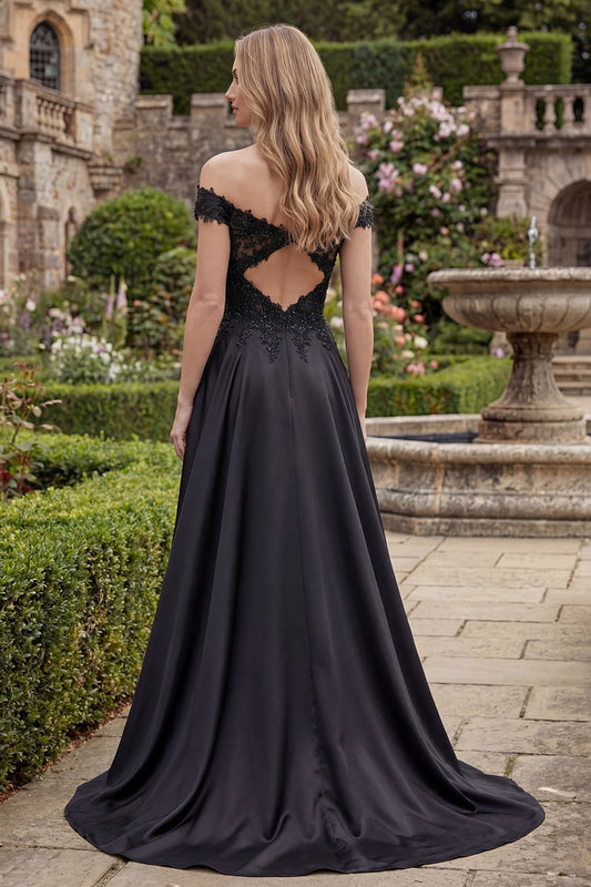 A Line Off the Shoulder Beaded Long Black Formal Dress with Lace