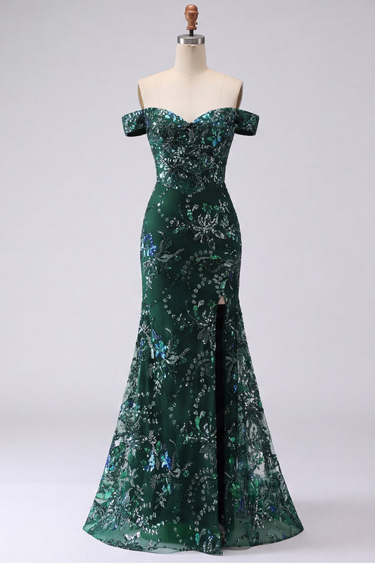 Off the Shoulder Sparkly Dark Green Long Mermaid Floral Beaded Prom Dress with Slit