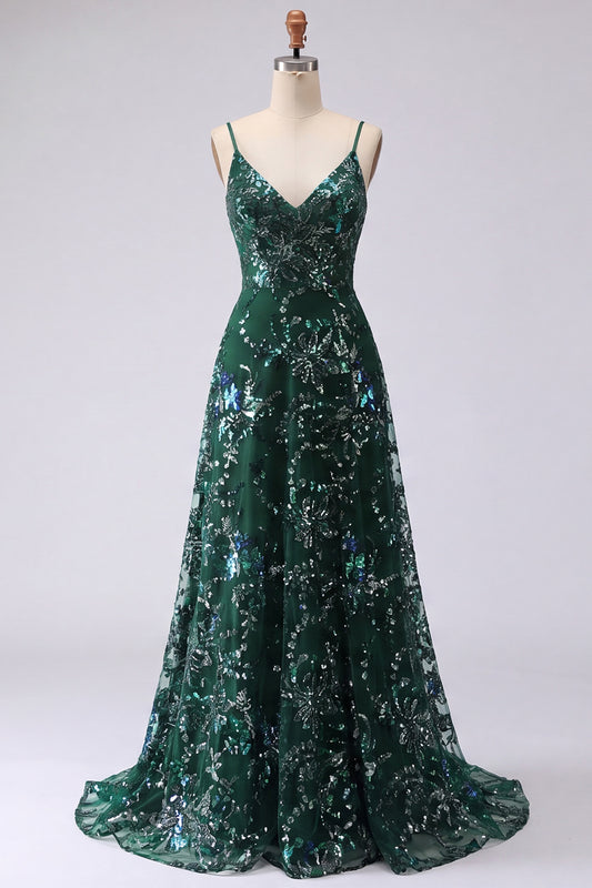 Sparkly Dark Green Spaghetti Straps Long A Line Floral Beaded Prom Dress