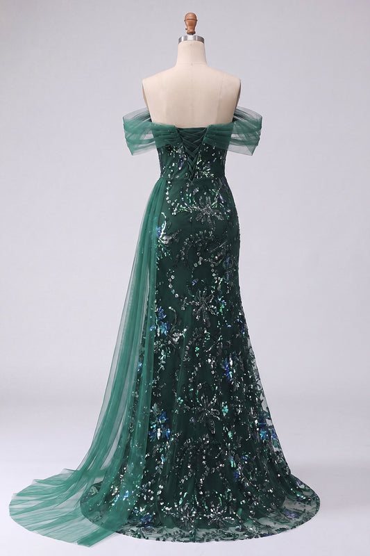 Long Mermaid Sparkly Dark Green Floral Ruched Beaded Prom Dress with Side Cape