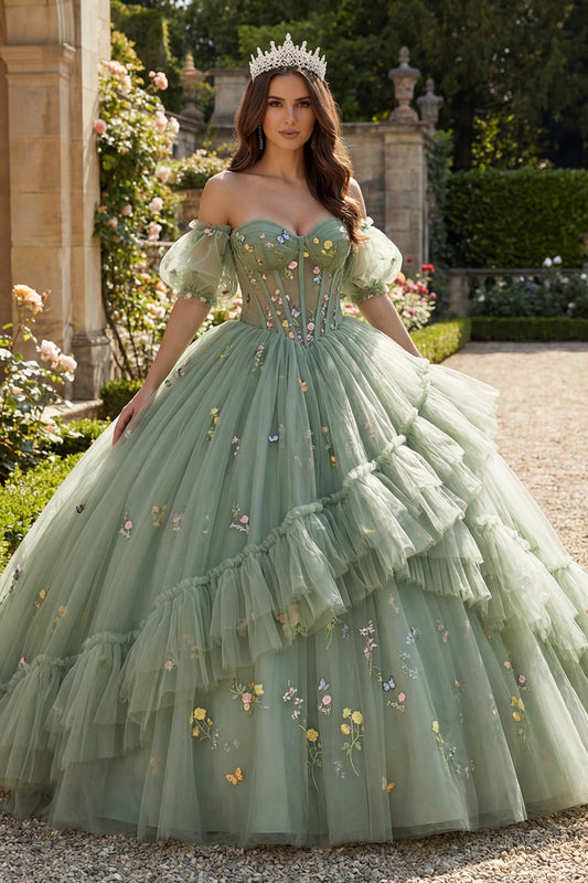 Dusty Sage Princess Floral Long Corset Quinceanera Dress with Ruffles
