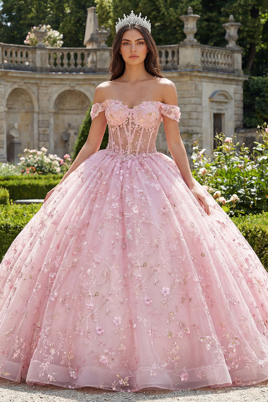 Pink Princess Sequin Floral Long Corset Off the Shoulder Quinceanera Dress