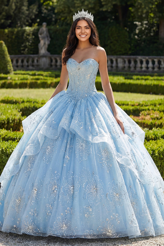 Sparkly Sky Blue Beaded Princess Floral Long Corset Quinceanera Dress with Ruffles