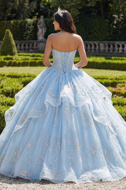 Sparkly Sky Blue Beaded Princess Floral Long Corset Quinceanera Dress with Ruffles