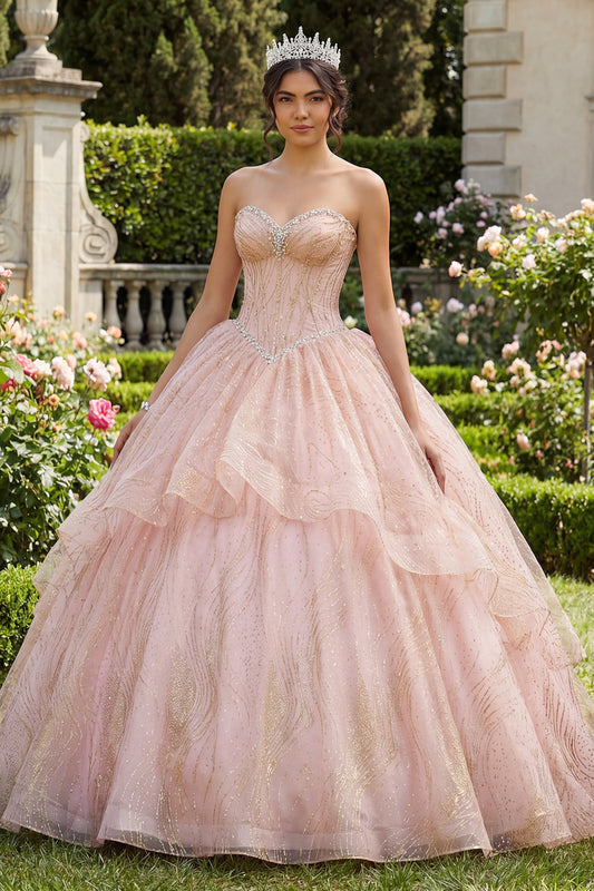 Sparkly Pink Princess Sequin Beaded Long Corset Quinceanera Dress with Ruffles