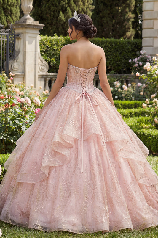 Sparkly Pink Princess Sequin Beaded Long Corset Quinceanera Dress with Ruffles