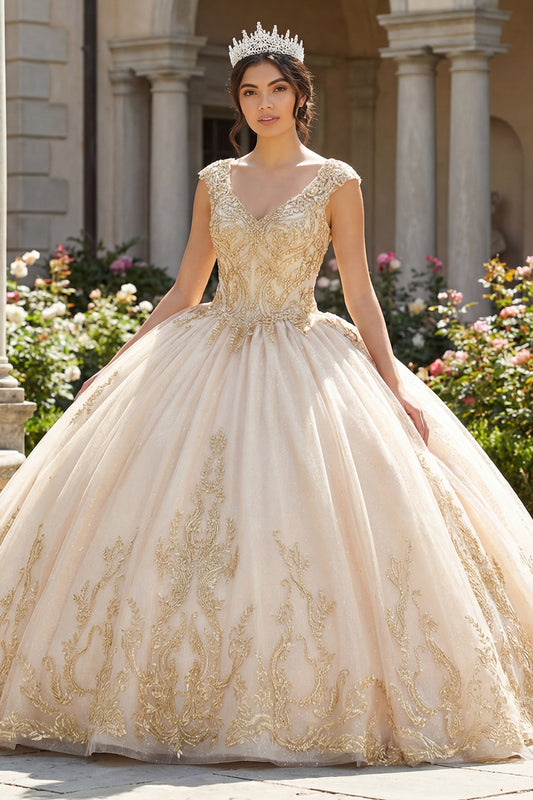 Champagne Princess Appliqued Long Quinceanera Dress
