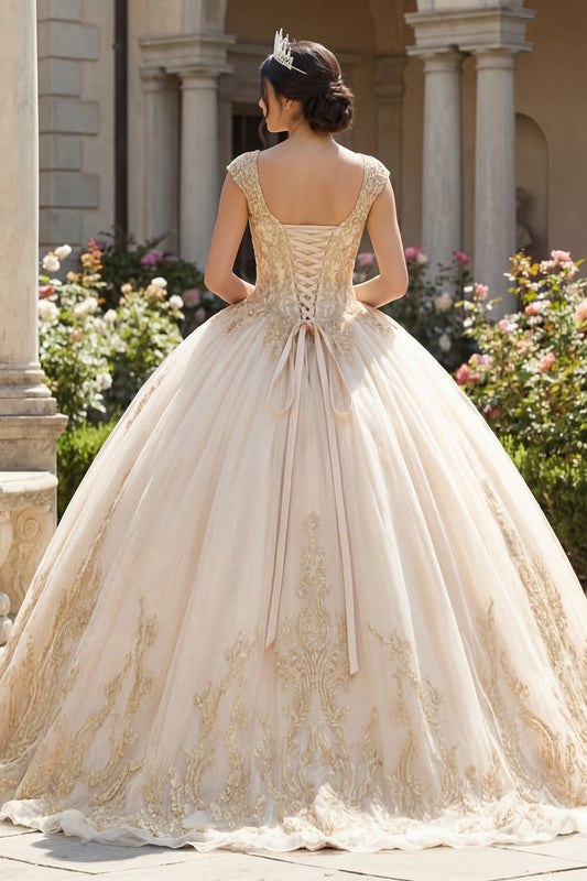 Champagne Princess Appliqued Long Quinceanera Dress