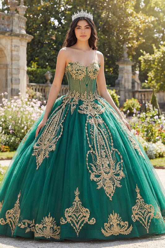 Sparkly Green Beaded Princess Strapless Long Corset Quinceanera Dress with Appliques
