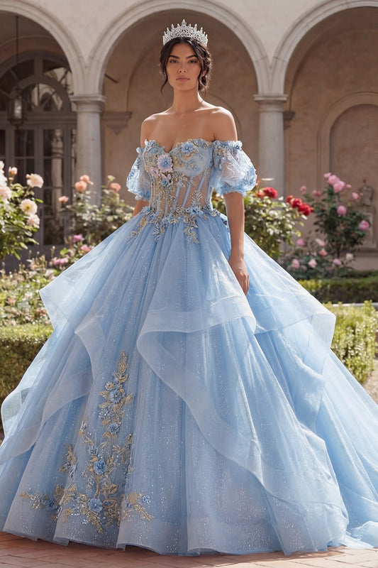 Glitter Sky Blue Princess Floral Long Corset Quinceanera Dress with Ruffles