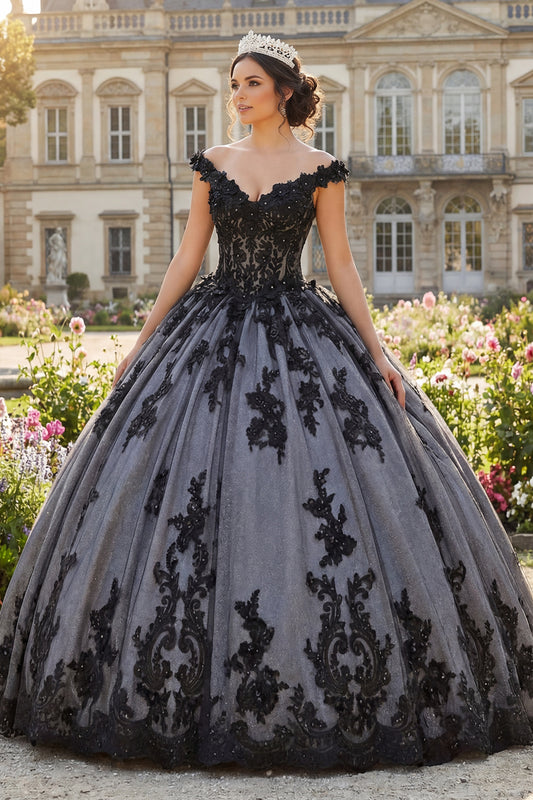 Beaded Floral Long Black Princess Quinceanera Dress with Lace