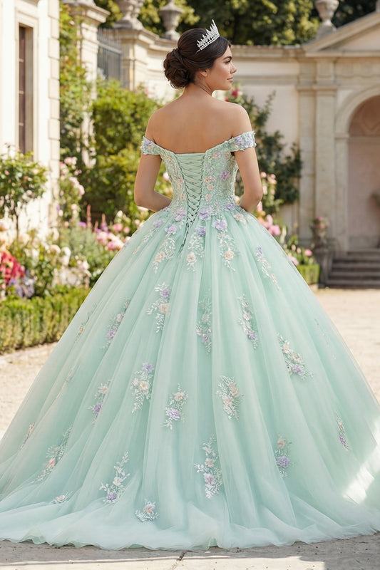 Off the Shoulder Light Green Princess Floral Long Quinceanera Dress with Lace