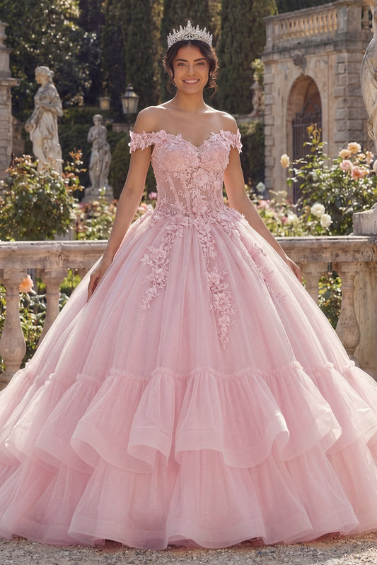 Pink Glitter Princess Floral Long Corset Quinceanera Dress with Ruffles