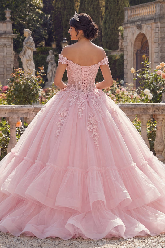 Pink Glitter Princess Floral Long Corset Quinceanera Dress with Ruffles