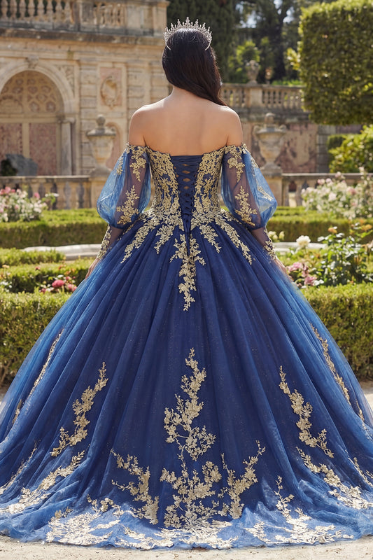 Glitter Princess Floral Long Appliqued Navy Quinceanera Dress