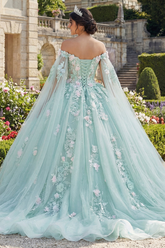 Mint Green Floral Long Corset Glitter Princess Quinceanera Dress with Cape