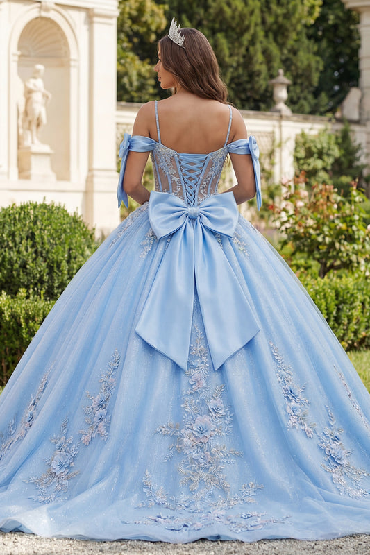 Sky Blue Floral Long Corset Glitter Princess Beaded Quinceanera Dress with Bows