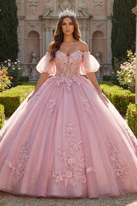 Long Corset Beaded Pink Floral Puff Sleeves Glitter Princess Quinceanera Dress