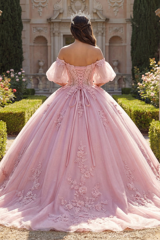 Long Corset Beaded Pink Floral Puff Sleeves Glitter Princess Quinceanera Dress