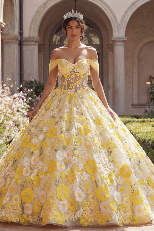 Yellow Off the Shoulder Princess Floral Long Corset Quinceanera Dress